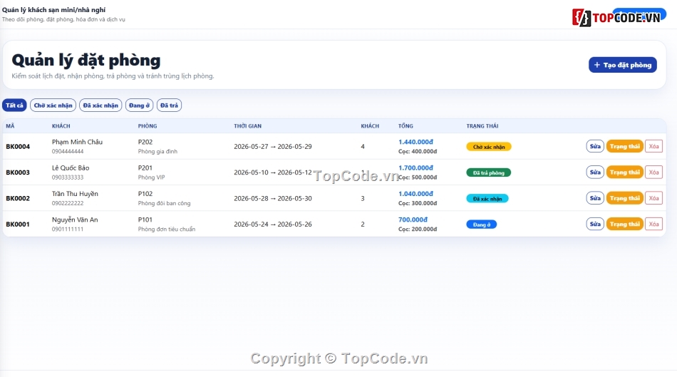 Website quản lý,Website khách sạn,quản lý khách sạn mini